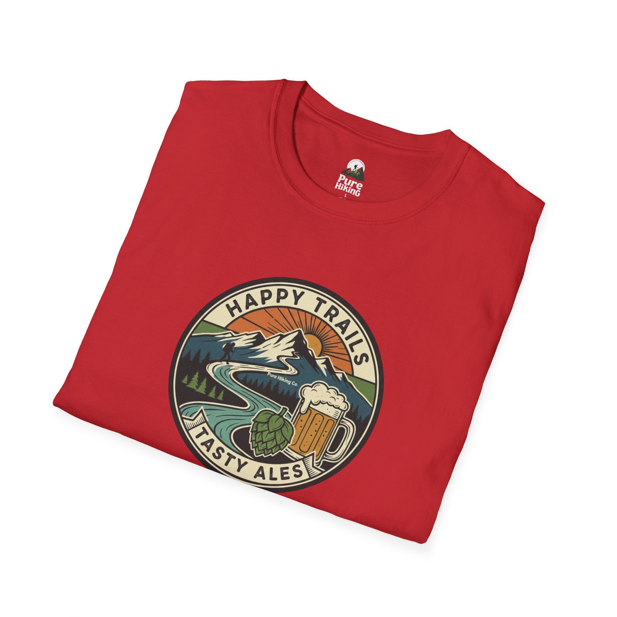 Trail Hiker Beer Badge T-Shirt — “Happy Trails, Tasty Ales” Outdoor Hiking Tee