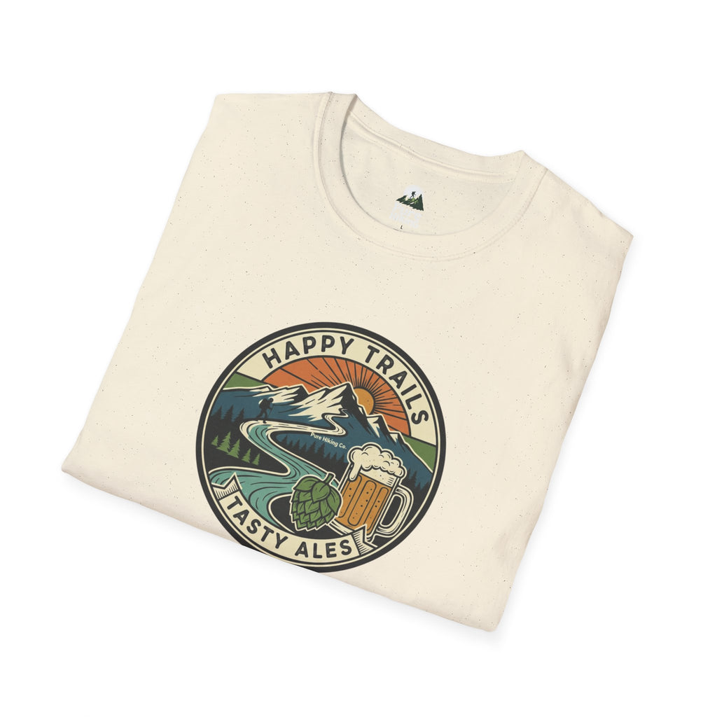 Trail Hiker Beer Badge T-Shirt — “Happy Trails, Tasty Ales” Outdoor Hiking Tee