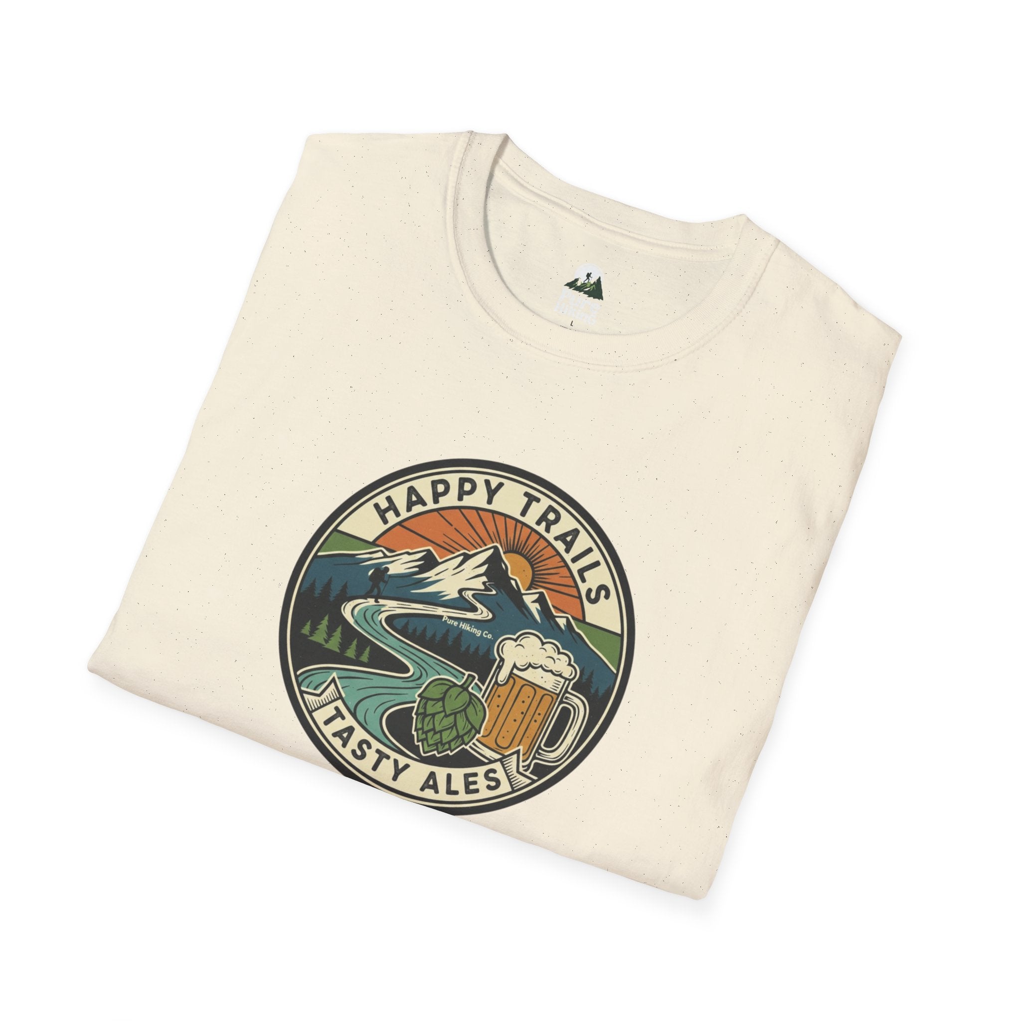 Trail Hiker Beer Badge T-Shirt — “Happy Trails, Tasty Ales” Outdoor Hiking Tee