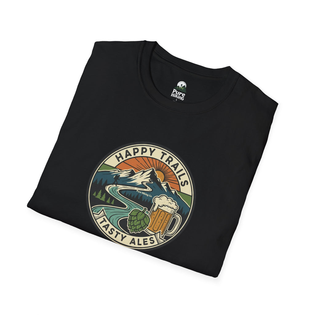 Trail Hiker Beer Badge T-Shirt — “Happy Trails, Tasty Ales” Outdoor Hiking Tee