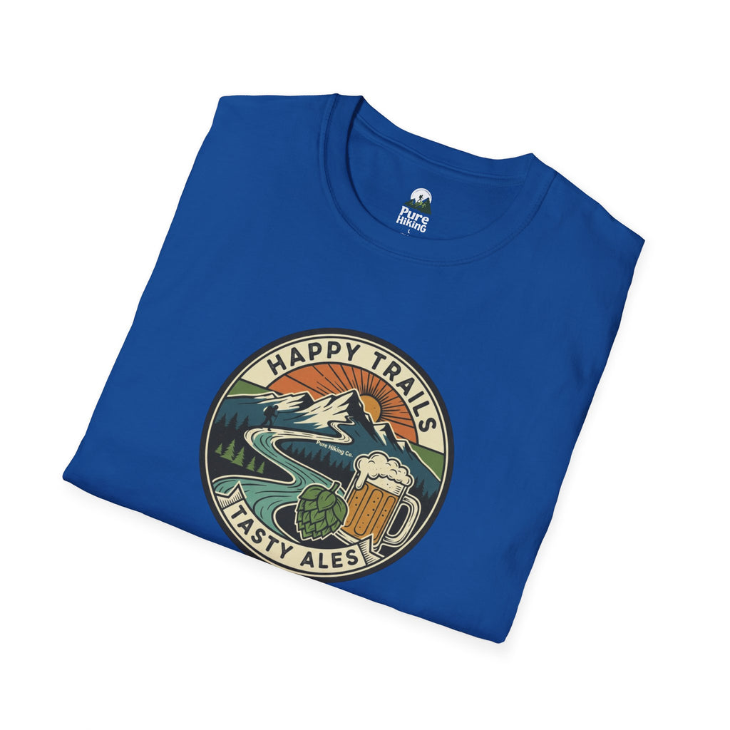 Trail Hiker Beer Badge T-Shirt — “Happy Trails, Tasty Ales” Outdoor Hiking Tee