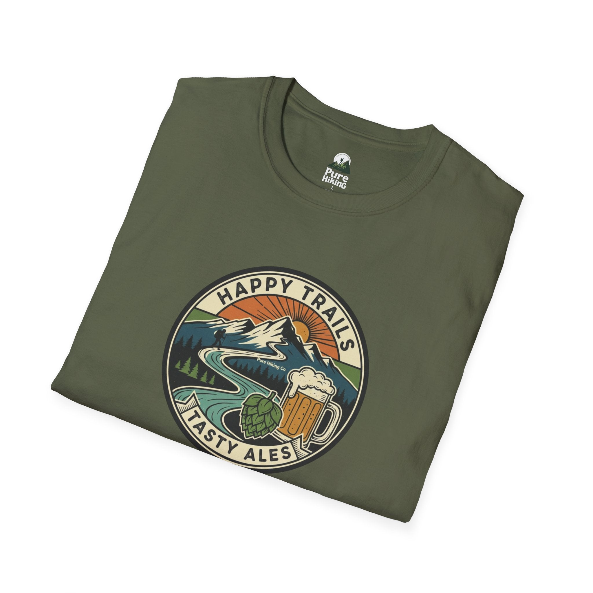 Trail Hiker Beer Badge T-Shirt — “Happy Trails, Tasty Ales” Outdoor Hiking Tee