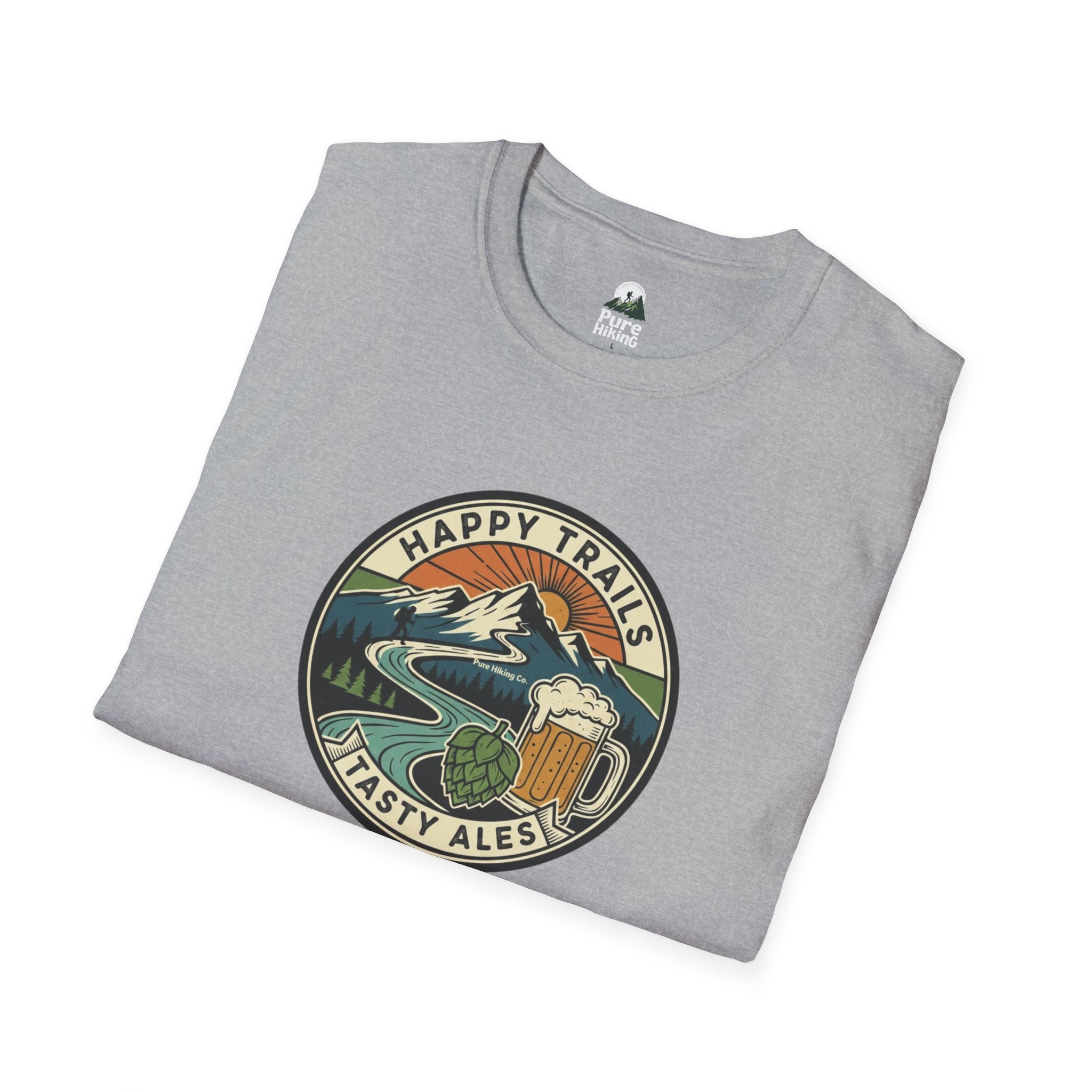 Trail Hiker Beer Badge T-Shirt — “Happy Trails, Tasty Ales” Outdoor Hiking Tee