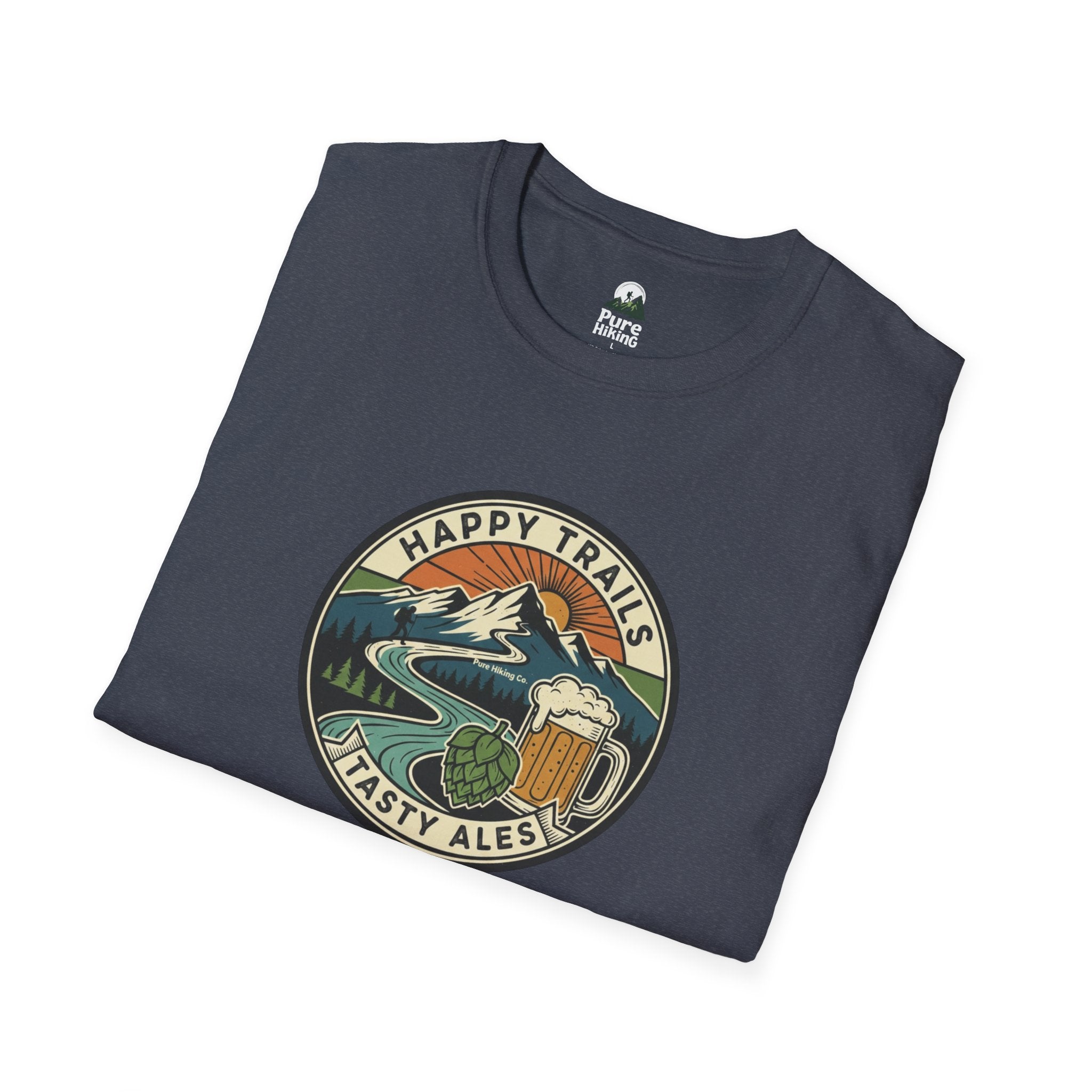 Trail Hiker Beer Badge T-Shirt — “Happy Trails, Tasty Ales” Outdoor Hiking Tee