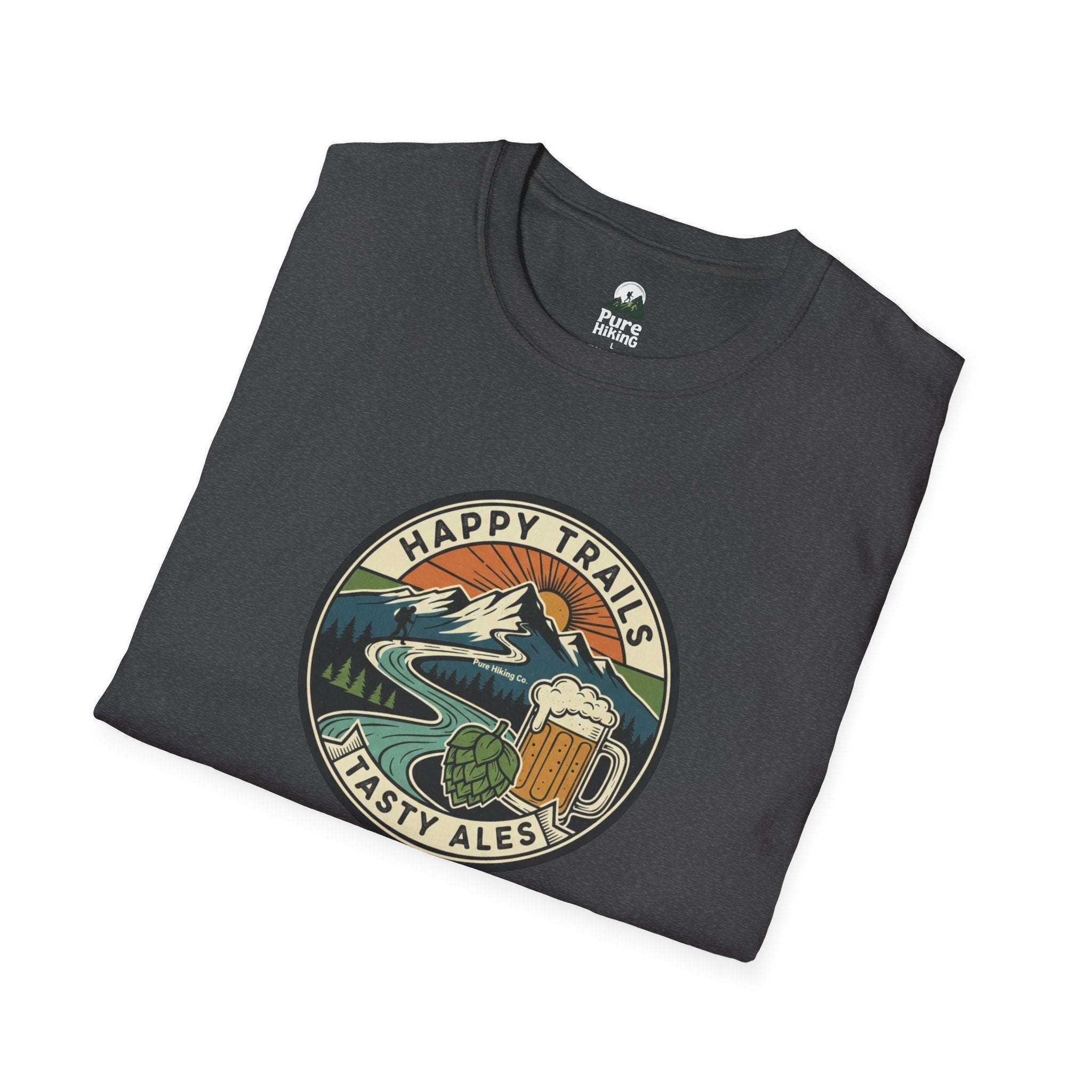Trail Hiker Beer Badge T-Shirt — “Happy Trails, Tasty Ales” Outdoor Hiking Tee