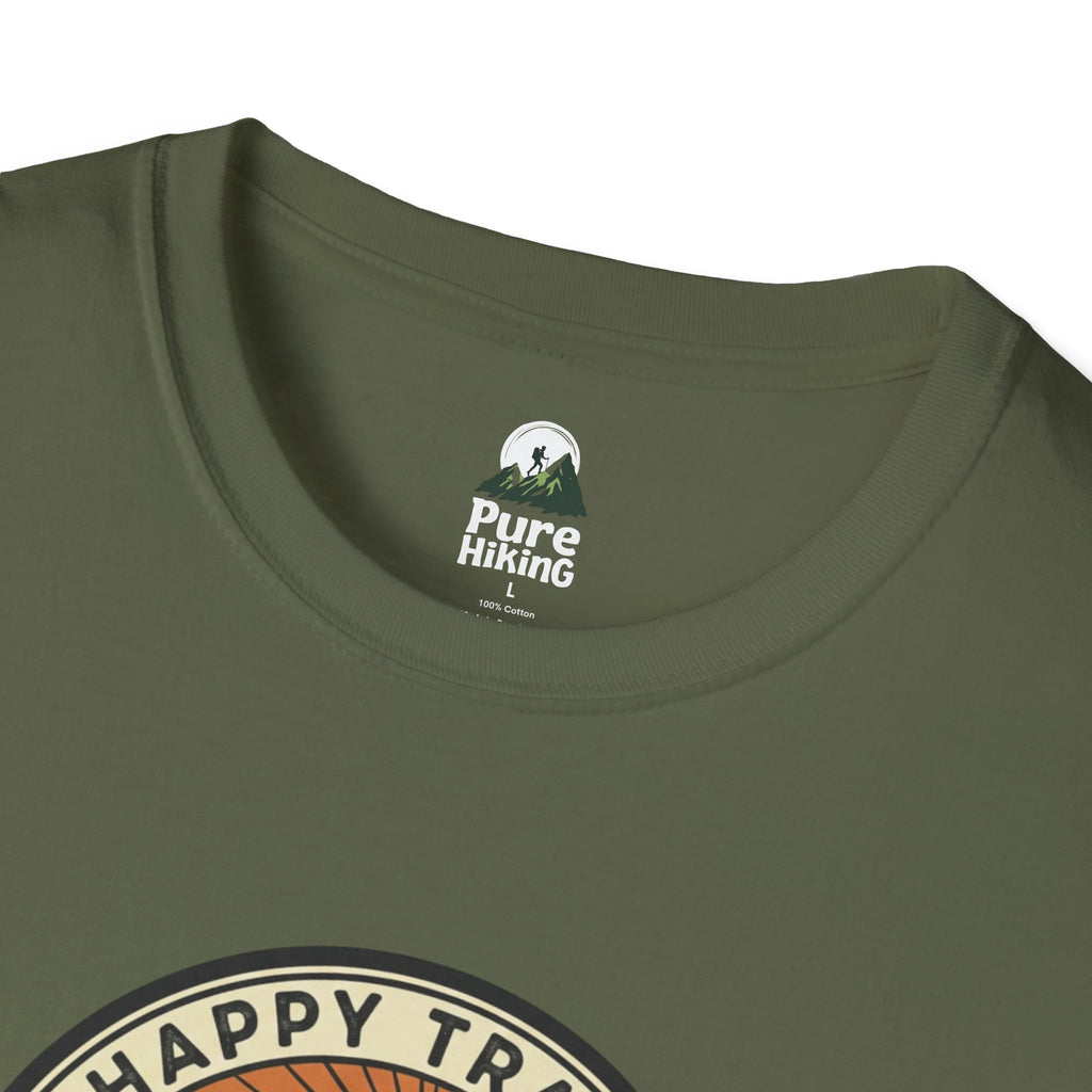 Trail Hiker Beer Badge T-Shirt — “Happy Trails, Tasty Ales” Outdoor Hiking Tee