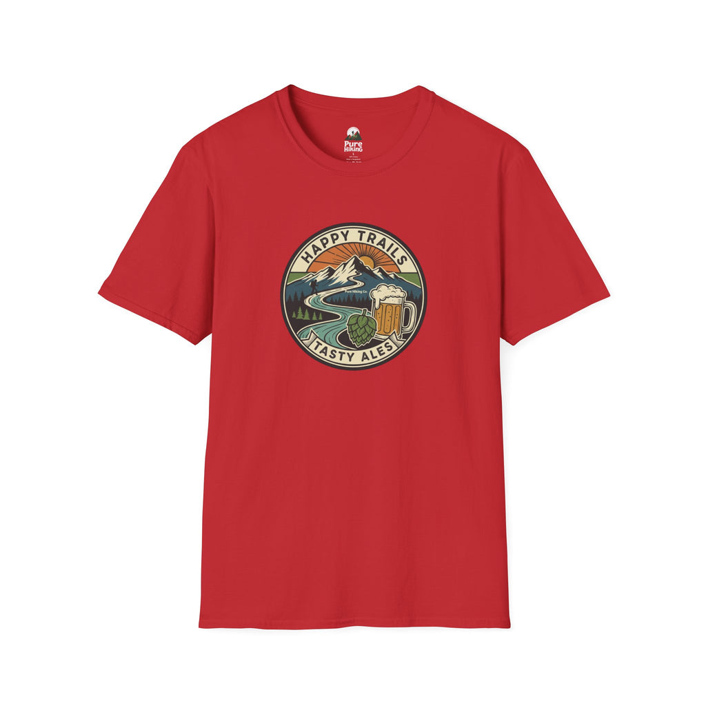 Trail Hiker Beer Badge T-Shirt — “Happy Trails, Tasty Ales” Outdoor Hiking Tee